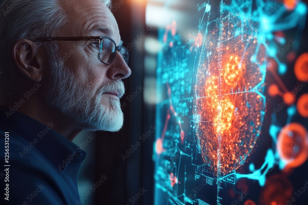 Poster an older man with glasses intently observes a vibrant, complex holographic display of data and netwo
