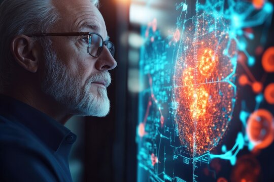 An older man with glasses intently observes a vibrant, complex holographic display of data and network connections. - Powered by Adobe