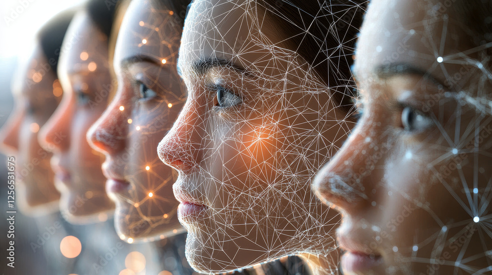 Poster face recognition technology. vector 3d geometric wireframe of human head on dark blue background wit