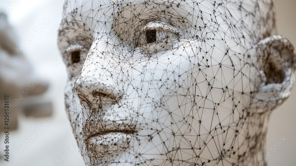 Poster face recognition technology. vector 3d geometric wireframe of human head on dark blue background wit