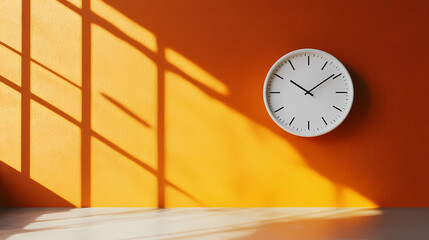 Time flies: a minimalist white analog clock hangs against a vibrant orange wall, its hands frozen in time, casting long shadows in a spacious room. Frozen Time. Illustration
