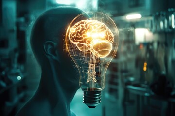 A glowing brain inside a lightbulb symbolizes innovative ideas and creative thinking.