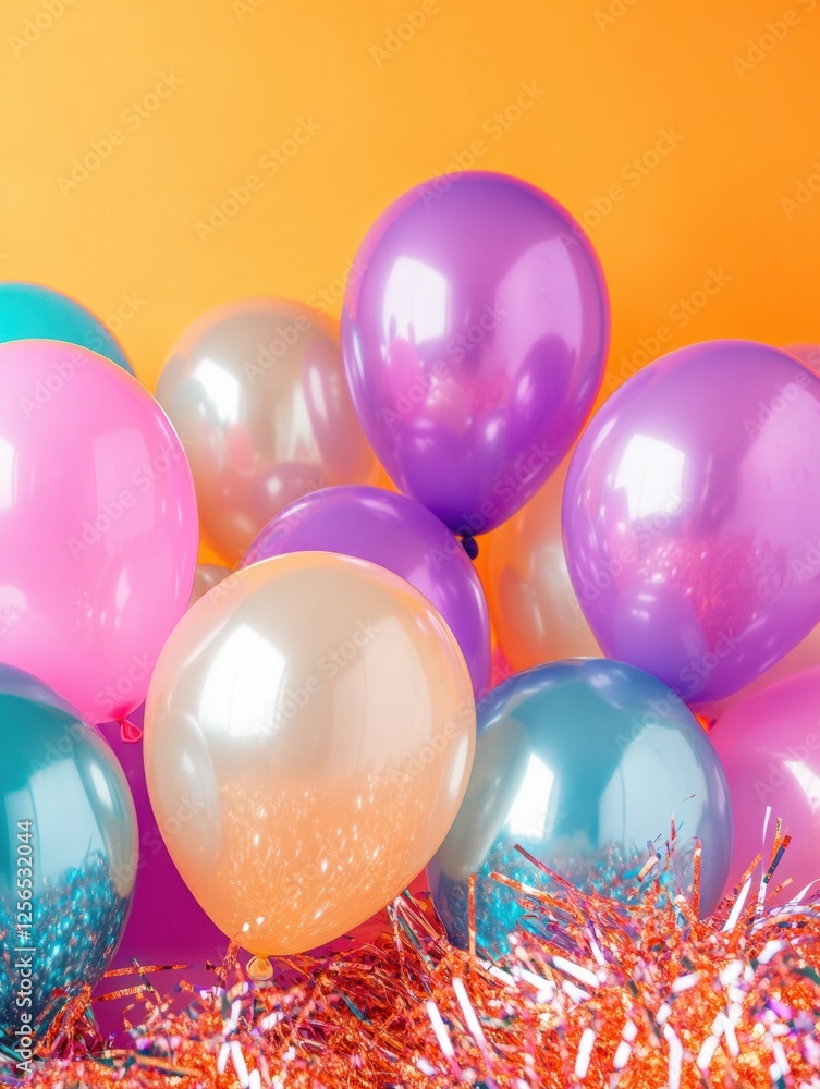 Poster colorful party backdrop with balloons and shimmering tinsel creates a festive atmosphere for celebra