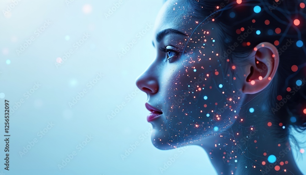 Poster illustration of woman with face recognition tech. dots, neural network paths over face. represents a