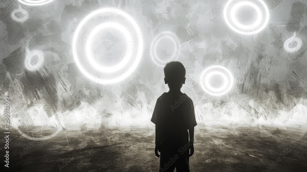 Poster a child stands silhouetted in a shadowy environment, gazing at glowing white circular patterns on a 