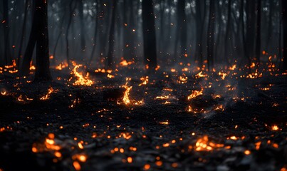 A forest floor ablaze with numerous small fires creates a dramatic night scene