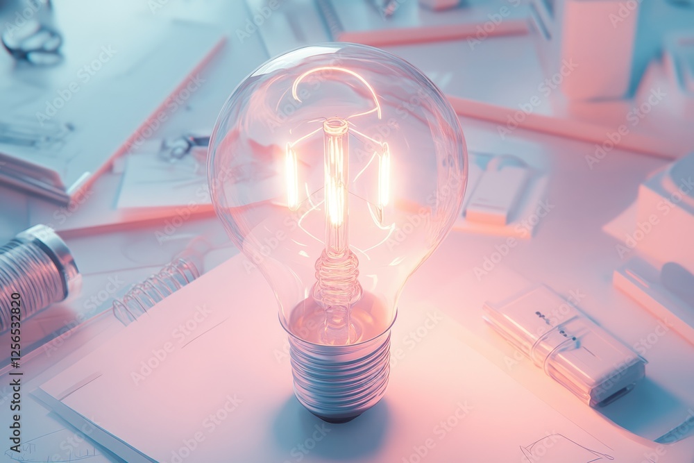 Poster a glowing light bulb on a desk surrounded by papers and design sketches, symbolizing ideas and innov