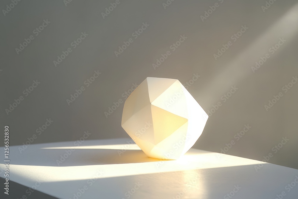 Poster a geometric white object illuminated by sunlight, casting shadows on a minimalist surface.