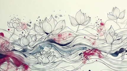   A depiction of aquatic lilies on a blank canvas with a burst of scarlet at the base