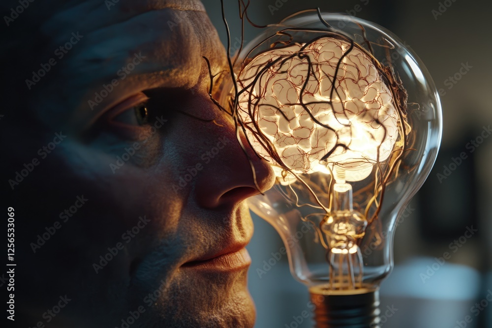 Aufkleber a man's face is illuminated by a lightbulb containing a brain, symbolizing ideas and intellect.