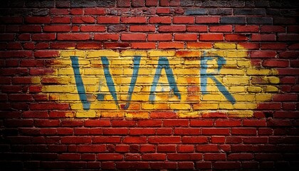 Fototapeta premium Wall art featuring the word war painted on a brick backdrop in bold colors