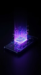 Fototapeta premium Metaverse large text on a smartphone display. Hologram emerging from its screen, resembling a gateway to another world of internet technologies and high-tech advancements. Futuristic concept 