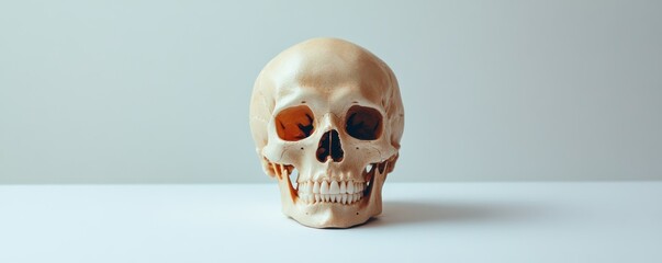 Human skull on white surface - anatomy and study specimen