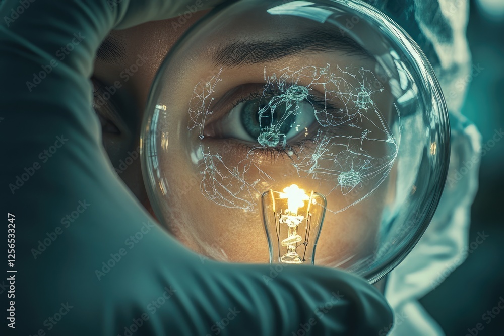 Poster a scientist examines a glowing lightbulb through a magnifying glass, visualizing neural connections 