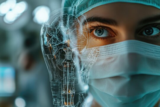 A surgeon's focused gaze, overlaid with a translucent skeletal x-ray, symbolizes precision in modern medicine.