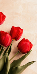 Red tulips on light blurred background, copy space, minimalistic floral banner for spring holiday, international women's day. Concept background tulips background.