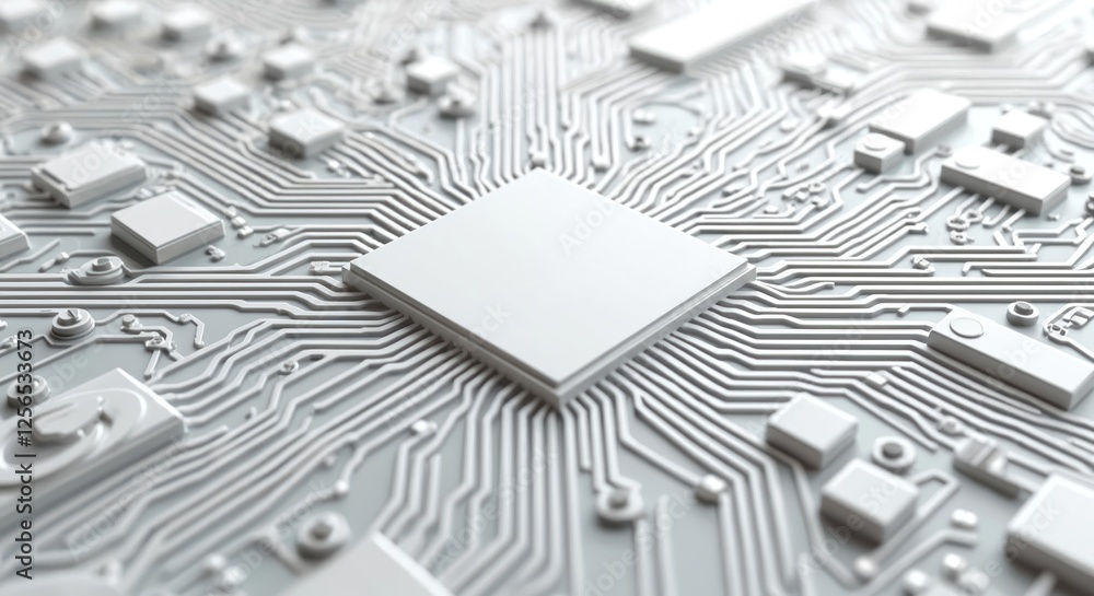 Leinwandbilder White circuit board pattern. Gray color tone, flat composition, geometric lines, shapes. Tech background demonstrates engineering solutions, computer hardware. Use as wallpaper, backdrop for tech