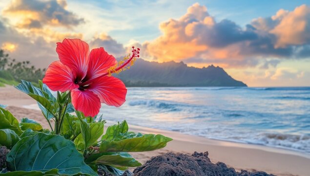 Hibiscus Bloom at Sunrise, Hawaiian Beach Paradise