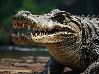 Fototapeta premium Fierce Crocodile Close Up in Freshwater Habitat Showcasing Jaws and Teeth