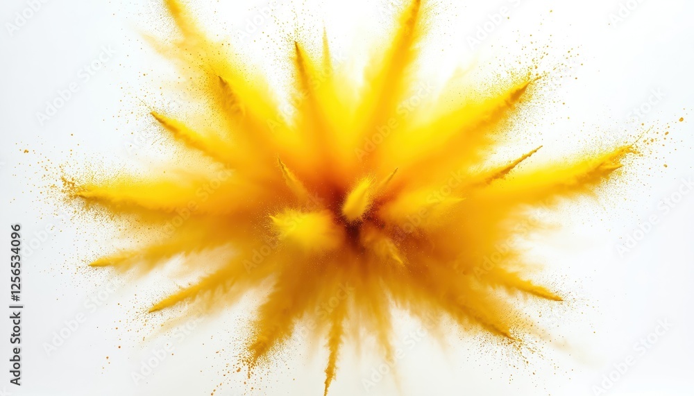 Poster vibrant yellow powder explosion creates dynamic visual effect on white background. abstract design w