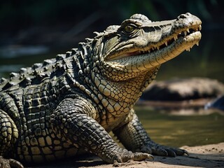 Obraz premium Fierce Close-Up of a Crocodile in Its Natural Freshwater Habitat
