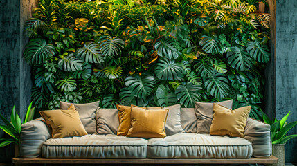 A stylish office relaxation corner featuring a plush sofa and vibrant greenery, offering a calming and refreshing ambiance.