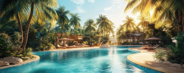 Obraz premium Scenic tropical resort pool with palm trees and sunlit atmosphere
