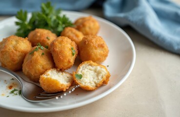 Bolinhos de bacalhau served on plate with parsley garnish. Famous Portuguese gastronomy, salted cod fritters are delicious seafood snack. Fried dumpling appetizers, bacalao bunuelos served with fork.