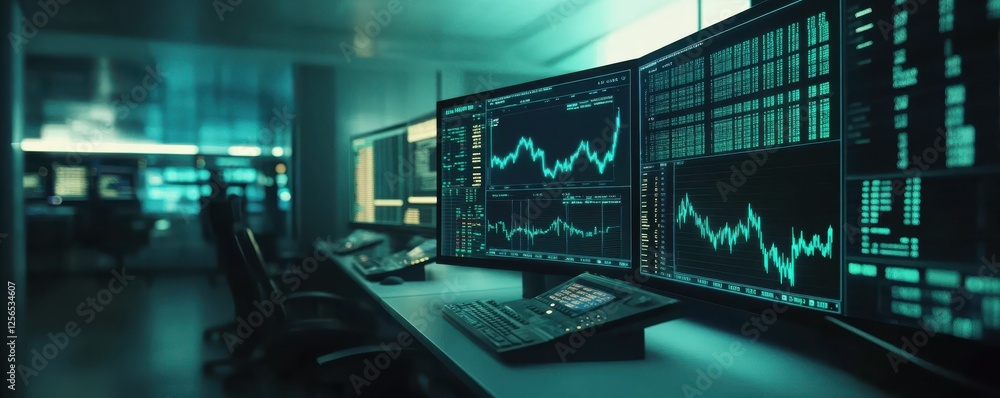 Poster modern financial trading floor with multiple computer displays
