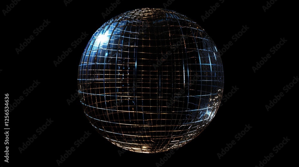 Poster a glowing digital sphere with intricate illuminated grid patterns, radiating light on a black backgr