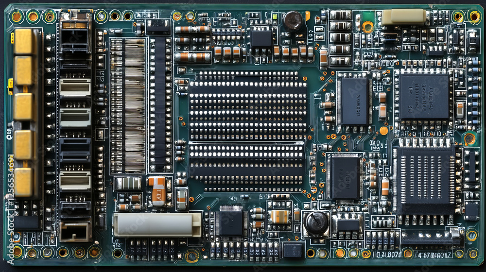 Poster computer chip, semiconductor technology outline icon. computer and mobile device hardware, microchip