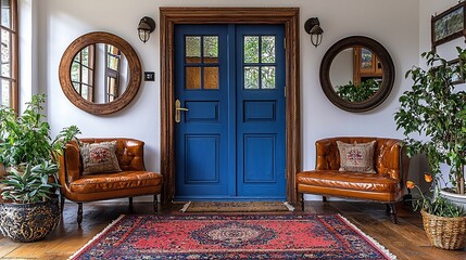 Cozy entrance hall featuring a blue door, stylish seating, and lush greenery in the background