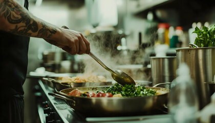 Chef's hands skillfully stir a vibrant medley of vegetables and ingredients in a steaming pan, showcasing culinary expertise and delicious food preparation.