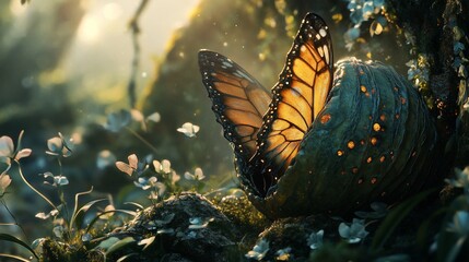 Monarch Butterfly Emerging from Chrysalis in Enchanting Forest