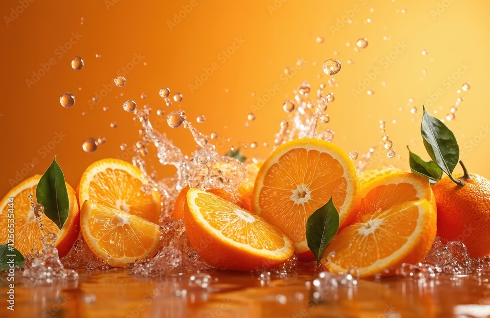 Poster creative layout made from sliced oranges with water splashing on background. citrus fruit with juice