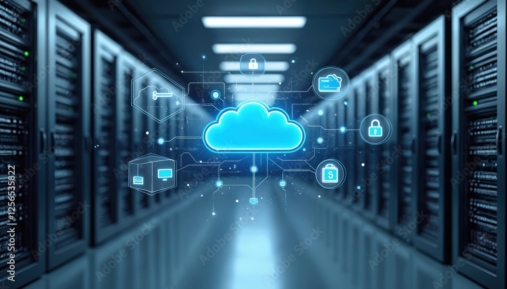 Poster futuristic server room illustration featuring digital disaster recovery system. cloud backup concept