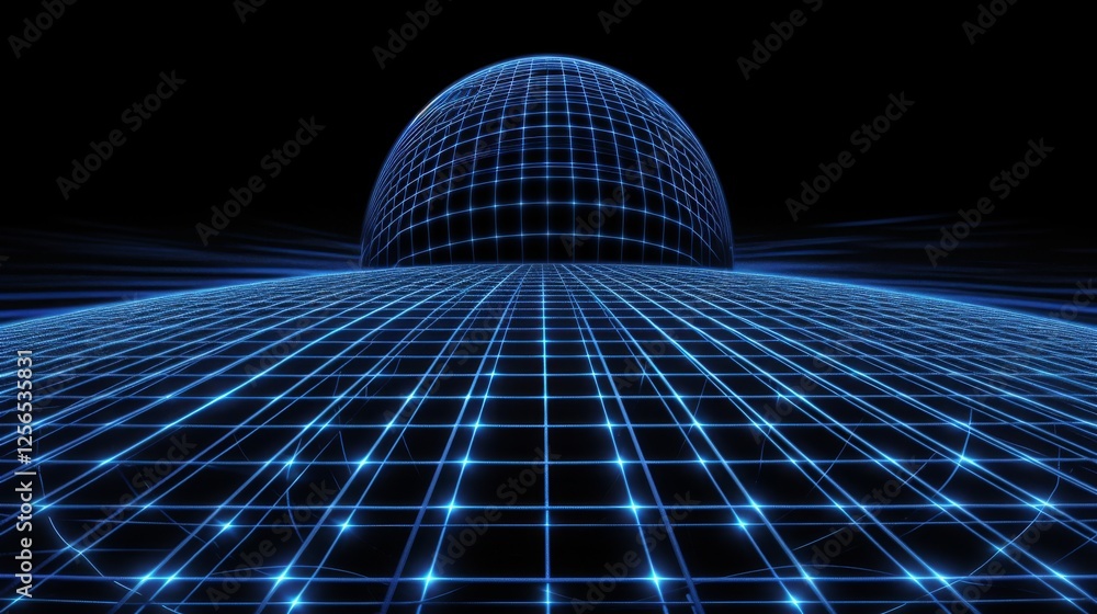 Poster a surreal digital representation featuring a glowing blue grid extending to a spherical dome in a fu