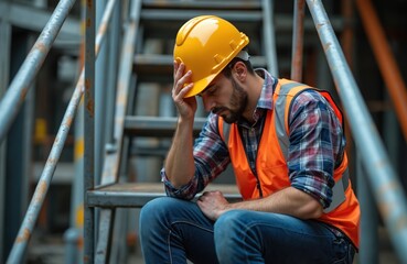 Sad construction worker sits on metal stairs holding head in hand. Concept of stress, fatigue, mental health, challenge, and responsibility. Man wearing hard hat, safety vest, and jeans.