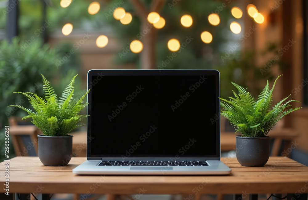 Aufkleber stylish mockup featuring black laptop screen, surrounded by nature. empty display for responsive web