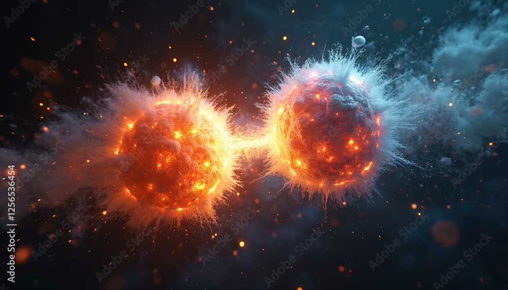 Poster Subatomic proton particle collision depicted with glowing plasma energy bursts. Nuclear fusion concept showing fusion process, quantum physics, scientific research, futuristic tech explosion,