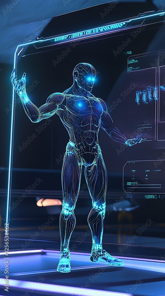 Aufkleber futuristic man interacts with holographic interface; sci-fi lab background; tech concept