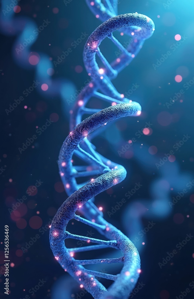 Poster Rotating DNA helix on dark blue abstract background with bokeh lights. Deoxyribonucleic acid helix strand genetic code genome research, molecule structure. Perfect for biotech or medical project.