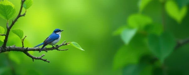 Obraz premium Tiny blue bird delicately perched on a slender branch amidst lush green foliage , fauna, blue, branch