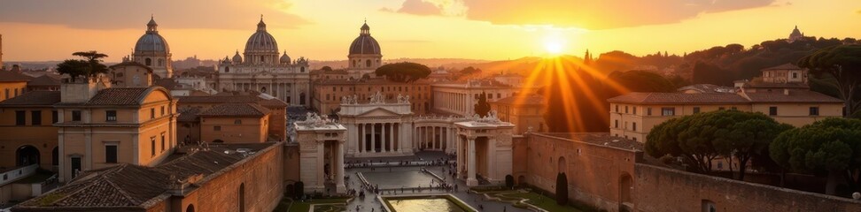 Vatican City walls & Roman forum in sunset light, twilight, shadow