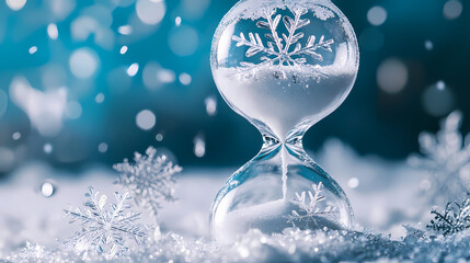 Beautiful hourglass with intricate snowflake designs, filled with white sand, captures essence of time frozen in crystal clear ice. Frozen Time. Illustration