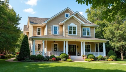 Fototapeta premium Beautiful suburban house boasts large porch, landscaped yard. Residential property with luxury architecture, upscale exterior. Garden, lawn, trees enhance idyllic scene under blue skies. American