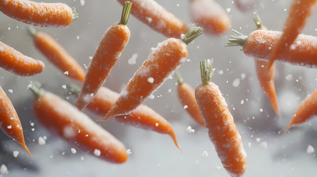 Carrots frozen in time during freefall on a white background. Frozen Time. Illustration