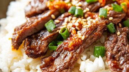 Close-up of rice with spicy Korean BBQ beef. Featuring tender beef marinated in Korean BBQ sauce and served over rice. Emphasizing a spicy, flavorful Korean dish. Ideal for Korean BBQ recipes.