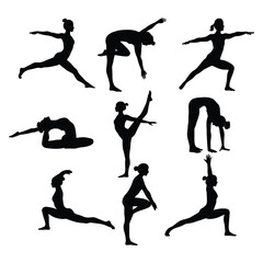 Obraz premium Yoga Poses Silhouettes ,A set of silhouettes of yoga pose icons, gymnastic exercises vector illustration with white background