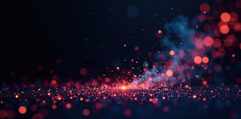 Black backdrop, multicolored firework trails, scattered glitter , golden, red